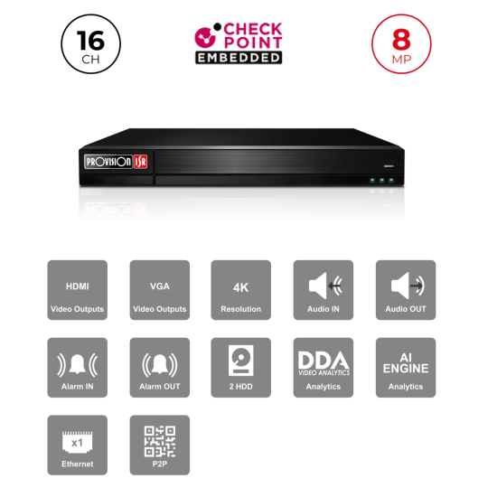 NVR 16 Channels 8MP HDMI 4K | 2 HDD Alarmes NDAA Maroc
