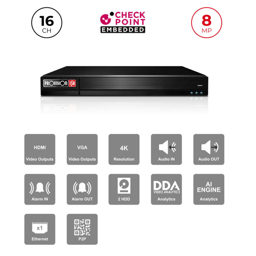NVR 16 Channels 8MP HDMI 4K | 2 HDD Alarmes NDAA Maroc
