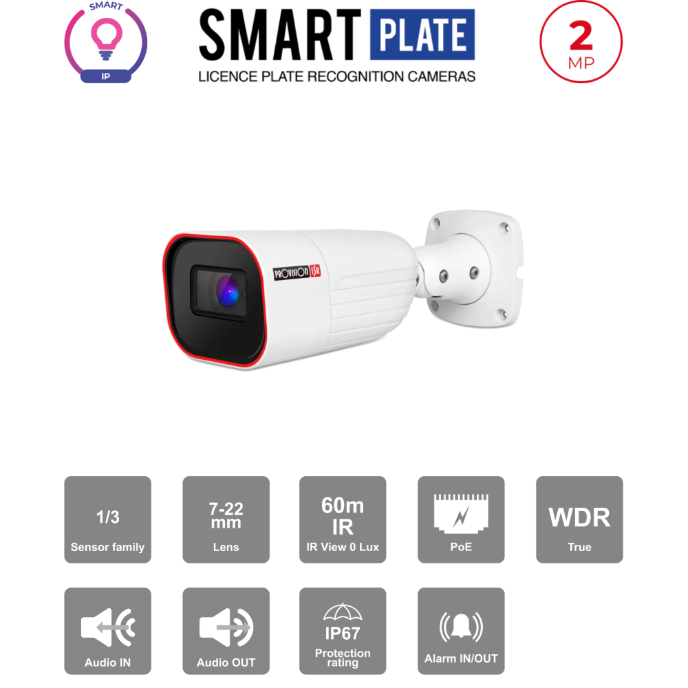 Caméra LPR 2MP PoE – Smart Series, Bullet IR 40m, Objectif Motorisé 7-22mm